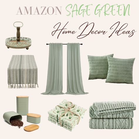 This pin shows several Sage green home decor items. A Sage green one tier tray. A green and cream knit table runner. Sage green floor length flowy curtains. Fluffy Sage pillows. Some modern styled Sage containers. A set of four wooden carved Sage coasters. And a comfy knit Sage green blanket! Green Decor Inspiration, Sage Green Lounge Accessories, Sage Gray And White Living Room, Sage Green Cream And Gold Bedroom, Sage Theme Living Room, Beige And Sage Bedroom Aesthetic, Light Green Living Room Decor Ideas, Sage Furniture Living Room, Sage Green Pillow Combination