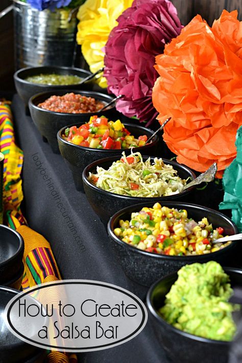 How to Create a Salsa Bar | Whether you're celebrating a birthday, having a fiesta or it's game day a salsa bar is fun and easy to put together. Tacobar Party, Taco Bar Party, Salsa Bar, Mexican Birthday Parties, Nacho Bar, Mexican Fiesta Party, Mexican Party Theme, Taco Party, Mexican Dinner