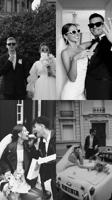 Pre Wed Photoshoot Ideas, Drinking Wedding Photos, Sunglasses With Wedding Dress, Retro Bride Photoshoot, Destination Small Wedding, Long Courthouse Wedding Dress, Black And White Pre Wedding Shoot, Stylized Engagement Photos, Celebration Of Love Party