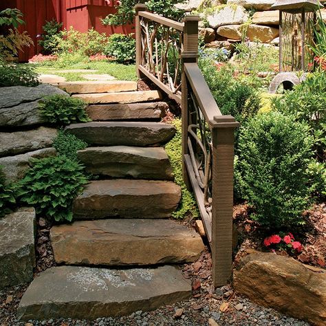 How to Build Dry-Laid Stone Steps - Fine Homebuilding Flag Stone Steps, Natural Steps On Slope, Stone Steps On Hill, Stairs To Backyard, Diy Steps On A Slope, Outdoor Steps On A Slope, Stone Stairs Outdoor, Garden Steps On A Slope, Hill Stairs