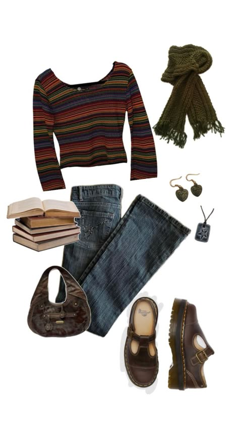 #bookshop #gilmoregirls #cozy #autumn #downtowngirl #outfitinspo #lovefromrom #books #reading Brown Doc Martens, Downtown Girl Style, Brown Flares, Downtown Outfits, Earthy Outfits, Outfit Inspired, Autumn Fits, Fall 24, Downtown Girl