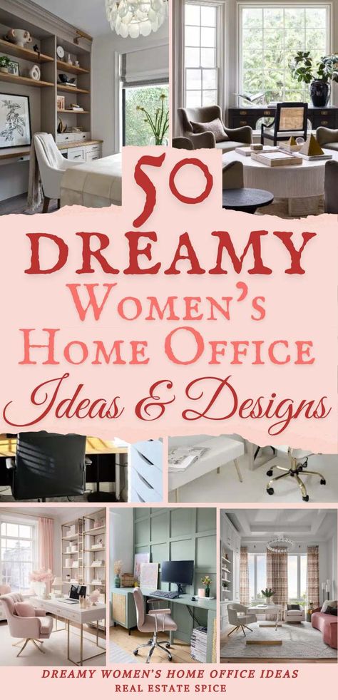 Ready to design the home office of your dreams? Check out these women’s home office ideas, which are perfect for creating a space that reflects your personality and boosts your productivity. With a mix of design tips and decor inspiration, my guide helps you craft a workspace that’s as stylish as functional. Whether into modern minimalism or cozy chic, you’ll find ideas that fit your style! And don't miss more home decorating ideas at RealEstateSpice.com Classy Office Space, Modern Office Furniture Ideas, Style Desk Ideas, 10x11 Office Layout, Small Sitting Room Office, Light Airy Home Office, Home Office Woman Work Spaces, Attorney Home Office, Front Facing Desk Home Office