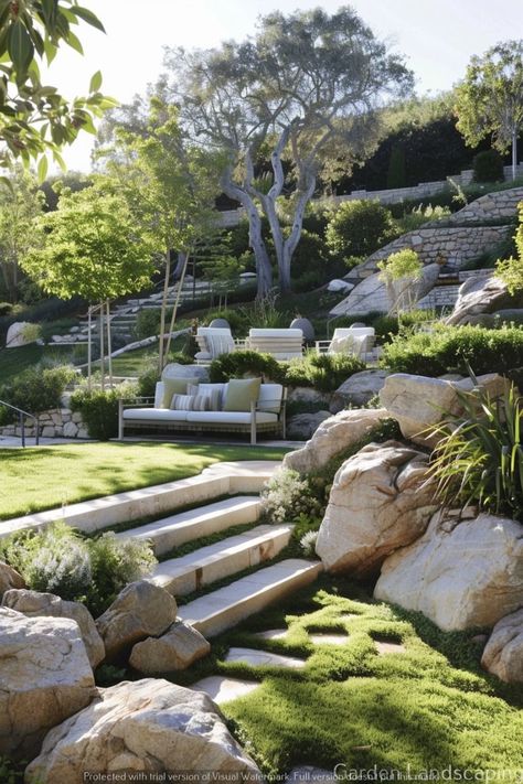 Ultimate Garden Ideas: Design Your Dream Outdoor Oasis Pool Hangout, Limestone Steps, Sustainable Backyard, Hangout Area, Landed House, Fancy Garden, Kidney Shaped Pool, Sloped Backyard Landscaping, Terraced Landscaping