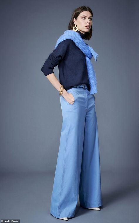 Light Blue Pant Outfits For Women, Styling Blue Pants, Trouser Looks For Women, Blue Tonal Outfit, Light Blue And Gray Outfit, Navy Blue Color Block Outfit, Bright Blue Outfits For Women, Cornflower Blue Pants Outfit, Light Blue And Navy Blue Outfit