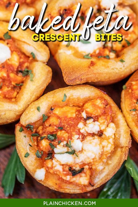 Baked Feta Bites – savory crescent roll bites stuffed with feta cheese and pizza sauce. Great for parties, tailgating, lunch, and dinner. The bites taste great hot from the oven or cooled to room temperature. I usually double the recipe for a crowd. These things don’t last long! Charcutiere Boards, Feta Rolls, Plain Chicken Recipe, Feta Bites, Abandoned Ohio, Recipe For A Crowd, Christmas Buffet, Baked Feta, Weight Watchers Recipes Desserts