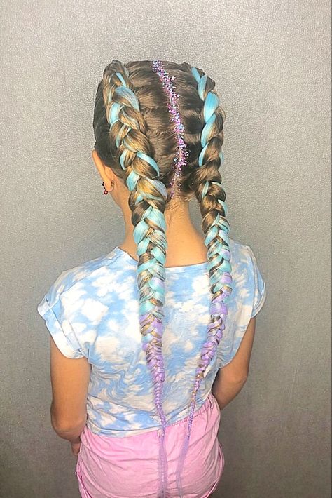 Fabulous Glitter Hair Inspiration for All Ages Coloured Dutch Braids, Two French Braid With Extensions Hair Colors, Rainbow Dutch Braids, French Braid With Color Extensions, Dutch Braid With Color Extensions, Dutch Braids With Color Extensions, Dutch Braids With Extensions, French Braids With Extensions, 2 Dutch Braids