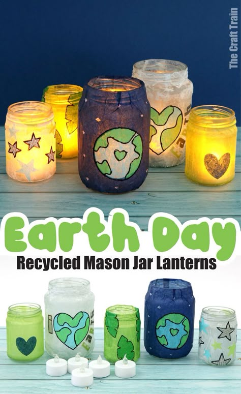 A set of lanterns made from tissue paper for Earth Day Recycled Crafts For Earth Day, Recycled Projects For School Useful, Project For Earth Day, Crafts With Mini Jars, Earth Day Recycled Crafts, Earth Day Recycle Projects Ideas, Creative Recycled Projects, Recycling Projects For School Earth Day, Kids Recycle Project