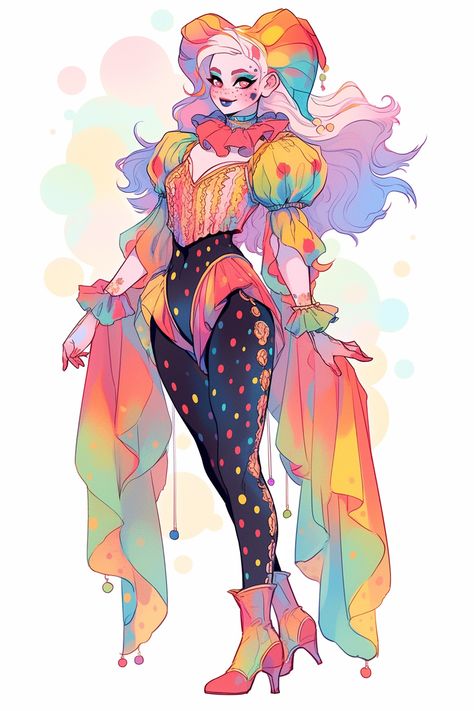 Jester Style Clothing, Fantasy Jester Outfit, Hellavu Boss Fizzarolli, Female Jester Character Design, Jester Oc Design, Circus Performer Character Design, Circus Outfit Drawing, Circus Character Art, Clown Character Art