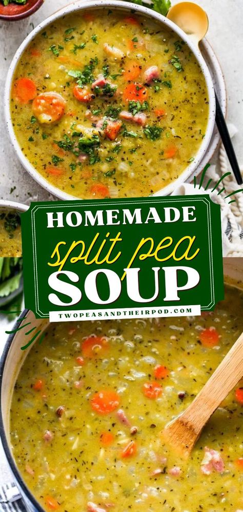 Learn how to make this Split Pea Soup recipe for your weekend dinner ideas! This homemade soup recipe is filled with vegetables and herbs, and it’s flavored with savory leftover ham! Pin this one-pot dish! Pea Soup Crockpot, Weekend Dinner Ideas, Homemade Split Pea Soup, Ham Soup Recipes, Split Pea Soup Recipe, Pea And Ham Soup, Homemade Soup Recipe, Ham Soup, Split Pea Soup