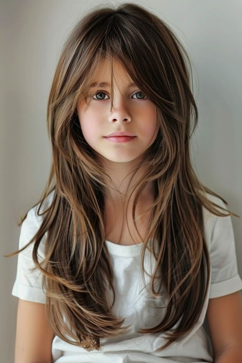 Kids Hair Cuts Girls Long, Kids Hair Cuts Girls Fine Hair, Kids Side Bangs Haircut, Girl Layered Haircut Kids, Girls Haircut Long Hair, Girls Long Haircut Kids Layers, Girls Hair Cuts 2024 Trends, Haïr Cut For Medium Hair Girl, Kids Layered Haircut Medium