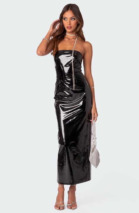 EDIKTED faux leather midi dress in black at Nordstrom, size X-L#ootd #eveninggown #fashion #trendy #style Maxi Dress Strapless, Patent Leather Dress, Leather Midi Dress, Sleek Aesthetic, Shiny Dresses, Black Strapless Dress, Strapless Midi Dress, Swimwear Dress, Vinyl Fabric