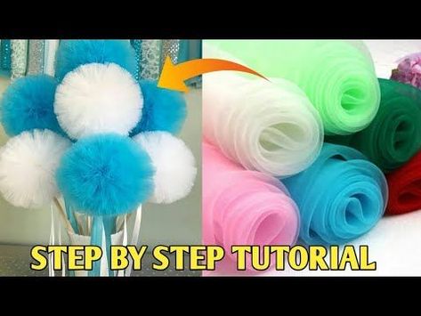 Crafts To Make With Tulle, Pom Pom Dolls How To Make, Tule Pom Pom Diy, Projects With Tule, Matte Tulle Crafts, How To Make Pom Poms With Tulle, Tule Diy Ideas, How To Make A Tulle Pom Pom, Tulle Pom Pom Centerpiece