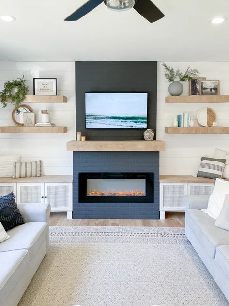 tv fireplace wall with floating shelves - Google Search Fireplace Wall With Floating Shelves, Diy Living Room Fireplace, Floating Shelves Next To Fireplace, Diy Fireplace Remodel, Tv Floating Shelves Ideas Tv Walls, Electric Fireplace With Storage, Wall With Floating Shelves, Fireplace Remodel Diy, White Oak Floating Shelves