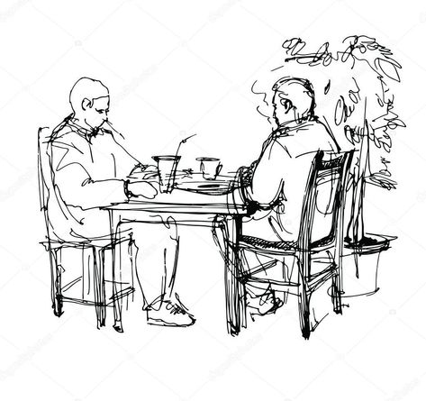 People Drinking Coffee Illustration, Cafe Sketch Coffee Shop, Café Drawing, Drinking Tea Drawing, Isle Crawford, People Drinking Tea, Restaurant Drawing, Tea Drawing, Table Sketch