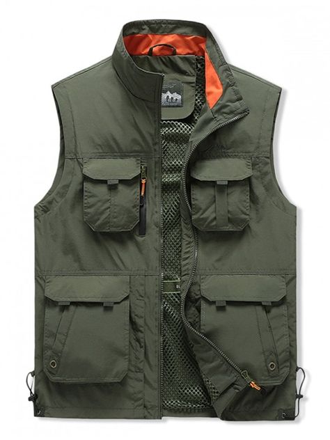 Outdoor Zip Up Multi Pockets Cargo Vest - Army Green L #mensfashion #mensclothing #clothes #outwear #jacket #coat Green Cargo Vest, Photography Vest, Hiking Vest, Safari Vest, Mens Outwear, Work Vest, Fishing Photography, Fishing Vest, Utility Vest