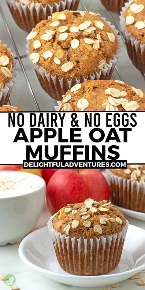 Two images of muffins, text says no dairy and no eggs apple oat muffins. Vegan Gluten Free Muffins, Apple Oat Muffins, Breakfast Muffins Healthy, Pumpkin Oatmeal Muffins, Apple Oatmeal Muffins, Burrito Casserole, Vegan Oil Free, Banana Oat Muffins, Healthy Breakfast Muffins