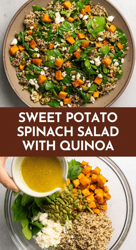 This easy warm spinach salad is perfect for fall! With quinoa, roasted sweet potato, feta cheese, and a homemade maple dijon vinaigrette. This roasted veggie salad with baby spinach is a great option if you’re looking for healthy holiday recipes or Thanksgiving salad recipes. Add protein - like salmon, chicken, or beans - to make it heartier. This sweet potato quinoa bowl is one of our favorite spinach salad recipes - and it’s easy to customize! Vegetarian. Sweet Potato Quinoa Bowl, Sweet Potato Feta, Warm Spinach Salad, Maple Dijon Dressing, Quinoa Spinach Salad, Sweet Potato Quinoa Salad, Simple Spinach Salad, Roasted Veggie Salad, Sweet Potato Salad Recipe