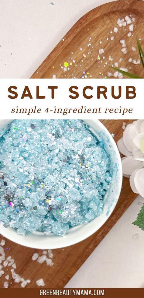 DIY Salt Scrub💛Homemade Salt Scrub Recipe 👉Click HERE for the tutorial Epsom Salt Exfoliating Scrub Diy, Salt Hand Scrub Diy Recipes, Salt Scrubs Homemade, Homemade Salt Scrubs Recipes, Sugar Scrub Recipe Without Coconut Oil, Salt Scrub Diy Recipes, Salt Scrubs Diy, Salt Body Scrub Diy, Epsom Salt Scrub Diy