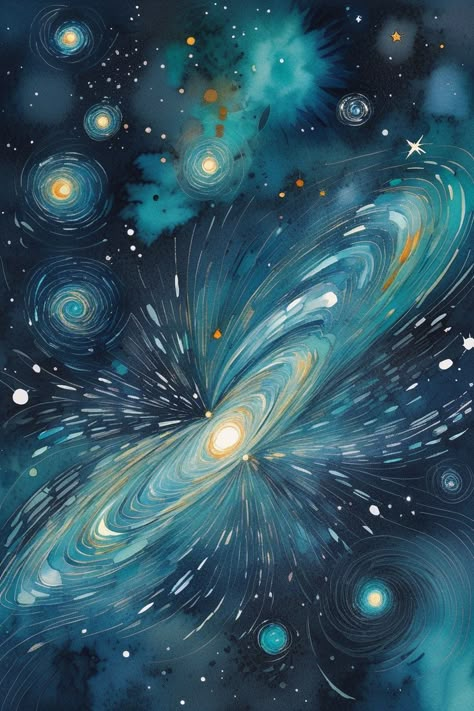 Watercolor artwork depicting the universe Universe Watercolor, Universe Artwork, Art Club Ideas, Space Drawing, Space Landscape, Class Inspiration, Fantasy Space, Space Drawings, Strange Flowers