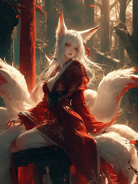 Kitsune Background, Kitsune Priestess, Female Kitsune Character Design, Kitsune Female Art, Fox Woman Art, Kitsune Artwork, Anime Fox Woman, Kitsune Girl Art, Anime Fox Female