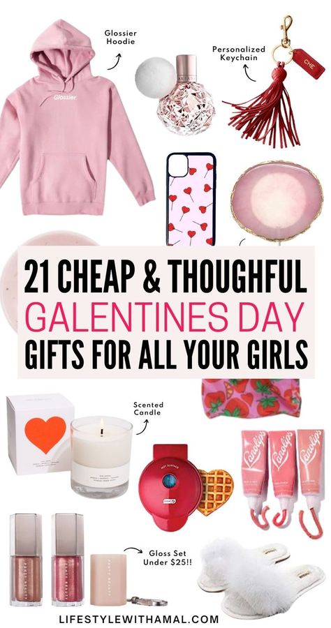 From fun galentines day gifts like a pink glossier hoddie and personalized presents to make her feel a little special to last-minute gifts you can get on Amazon, there’s something here that will definitely impress your Galentine and remind her how much she is cared for! Click on the pin to find all the best and cheap Galentine's Day gifts she'll absolutely love. Valentine Galentines Gifts, What To Get A Girl For Valentines Day, Valentine’s Day Gifts Friends, Galentine Party Favor Ideas, Valentine's Day Gifts For Friends, Galentines Gifts Small Cheap, Happy Galentine’s Day Gifts, Simple Valentines Gifts For Friends, Gifts For Galentines Party