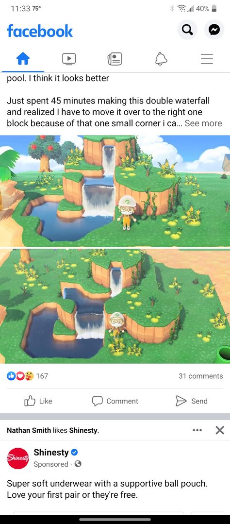 Acnh Pond Design Ideas, Acnh Island Pond Ideas, Waterfall Design Animal Crossing, Anch Ponds, Waterfalls Animal Crossing, Acnh Small Waterfall, Acnh Waterfall Design, Water Terraforming Animal Crossing, Cute Pond Ideas Animal Crossing