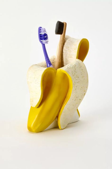 Fun Trash Can, Cool Toothbrush Holder, Fun Toothbrush Holder, Funky Trash Can, Toothbrush Holder Aesthetic, Banana Storage Ideas, Unique Soap Dispenser, Weird Kitchen Decor, Food Themed Furniture