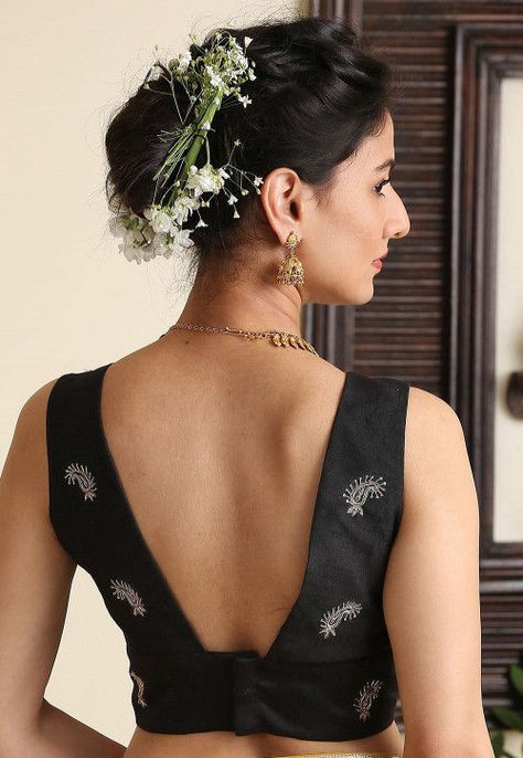 Embroidered Dupion Silk Blouse in Black Sleevless Saree Blouse Back Designs, Blouse Patterns Sleeveless, Sleeveless Black Blouse Designs, Blouse Patterns Back Side, Black Saree Blouse Ideas, Black Blouse Ideas, Black Blouse Designs Latest, Black Blouse Designs For Saree, Square Neck Blouse Designs