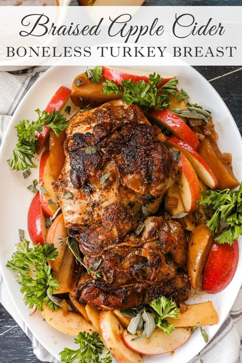 Braised Apple Cider Turkey Breast Turkey Breast Thanksgiving Recipe, Thanksgiving Turkey Breast Recipes, Dinner Recipes From Scratch, Apple Cider Turkey, Apple Cider Brined Turkey, Turkey Breast Cutlets, Thanksgiving Turkey Breast, Braised Turkey, Turkey Thigh