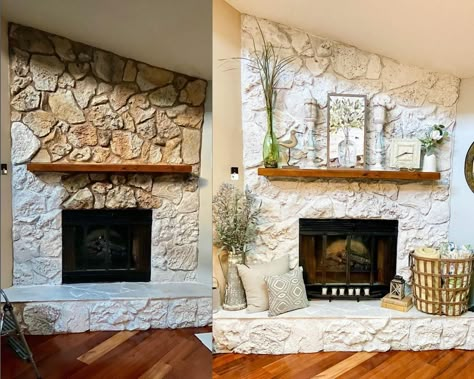 Boho Stone Fireplace, Painted Cobblestone Fireplace, Lava Stone Fireplace, Rock Chimney Fireplaces, Stone Fireplace Before And After, Large Stone Fireplace Makeover, Rock Fireplace Makeover Before And After, Stone Fireplace Makeover Before After, White Washing Stone Fireplace