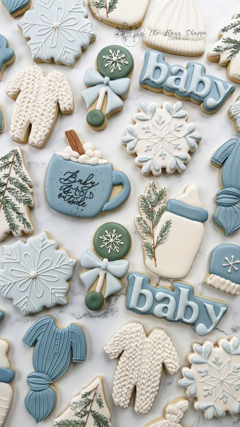 Winter Snow Baby it's Cold outside Cookies. Blue and green winter forest. Perfect for Baby Shower Party Favors, Desserts,and Food. Custom Decorated royal icing sugar cookies by The Flour Shoppe Cookie Co located in Omaha Nebraska 2024 Boy Baby Shower Ideas, Baby It’s Cold Outside Baby Shower Theme Boy Cookies, Gender Reveal In January, Gender Reveal Theme Winter, Boy Baby Shower Winter Theme, Winter Polar Bear Baby Shower Theme, Christmas Theme Baby Shower Ideas Boy Blue, Baby It's Cold Outside Baby Shower Cookies, Oh Baby Its Cold Outside Shower Ideas