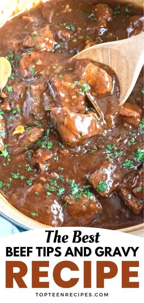 The BEST Beef Tips and Gravy Recipe - Top Recipes Ways To Use Steak Meat, Beef Tips With Au Jus Gravy, French Onion Beef Tips, Beef Tips And Gravy Oven, Beef Tips Recipe Oven, Canned Roast Beef Recipes, Best Beef Tips And Gravy, Romertopf Recipes, Best Beef Tips