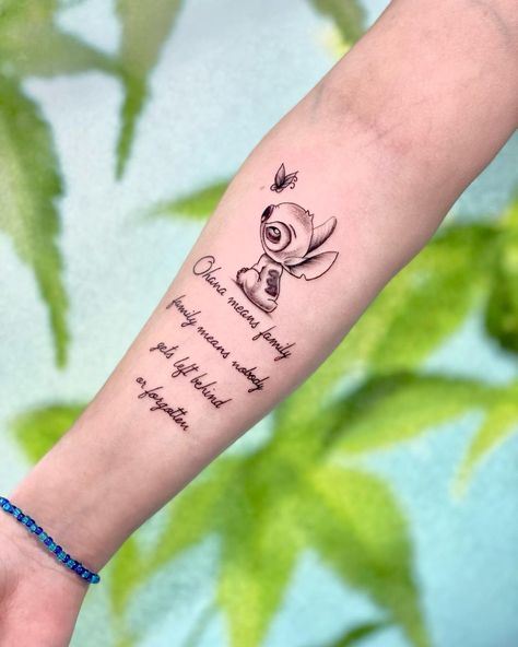 Ohana Means Family Tattoo, Ohana Stitch Tattoo, Stitch Ohana Tattoo, Stitch And Angel Tattoo, Ohana Tattoos, Aunt Tattoo, Disney Stitch Tattoo, Ohana Tattoo, Tattoo Baby