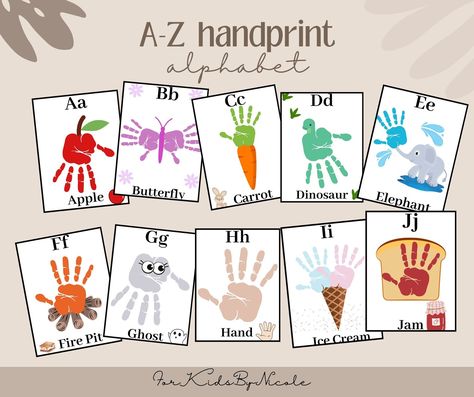 A-Z Handprint Alphabet, Printable Craft, My Handprint Book Classroom, Handprint ABC Activity, Alphabet Handprint Book // ETSY LINK 🔗 Handprint Alphabet Book, Handprint Alphabet, Abc Activity, Daycare Themes, Homeschool Preschool Curriculum, Baby Art Projects, Abc Activities, Daycare Teacher, Alphabet Crafts