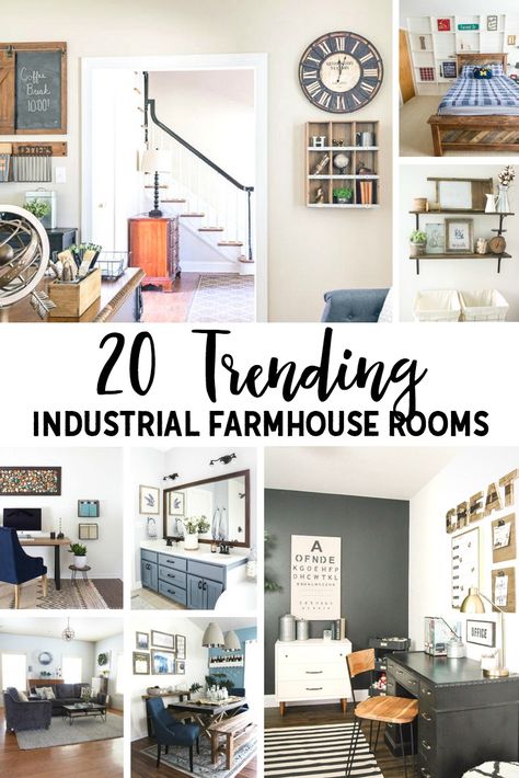 20 Trending Industrial Farmhouse Rooms Farmhouse Industrial Decor, Farmhouse Rooms, Industrial Farmhouse Bathroom, Industrial Farmhouse Decor, Farmhouse Room, Farmhouse Industrial, Office Bathroom, Industrial Farmhouse, Kitchen Projects