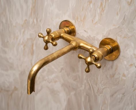 Unlacquered Brass Bathroom, Brass Tub, Wall Mounted Bathroom Faucet, Brass Bathroom Faucets, Bathtub Remodel, Wall Mount Faucet Bathroom, Vanity Faucet, Porcelain Sink, Wall Mount Faucet