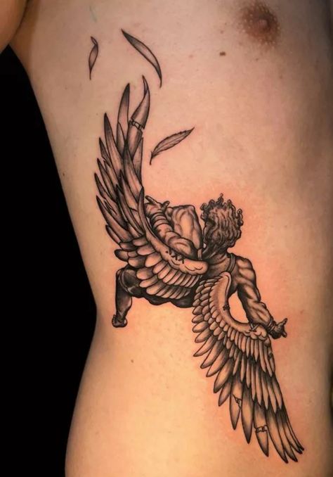 Icarus Tattoo Traditional, Icarus Tattoo Thigh, Icarus Tattoo Back, Icarus Leg Tattoo, Fall Of Icarus Tattoo Design, Fall Of Lucifer Tattoo, Paradoxical Tattoo, Icarus Back Tattoo, Thanatos Tattoo