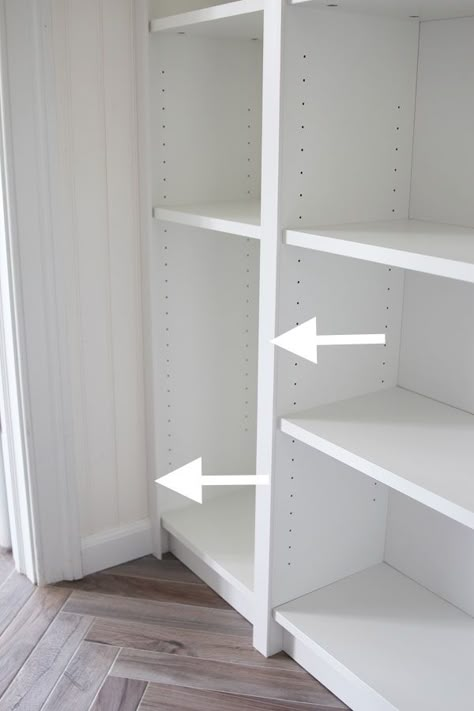 IKEA Billy Pantry Makeover Ikea Shelves In Pantry, Pantry Shelving Ikea Hack, Ikea Pantry Hack Storage, Ikea Cabinets For Pantry, Pantry Shelving Ikea, Ikea Pamtry, Ikea Pantry Closet, Ikea Pantry Shelving Ideas, Ikea Garage Pantry