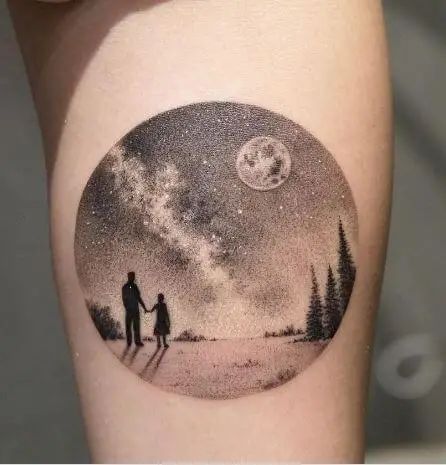 Tattoos For Women Cat, Night Sky Tattoos, Bison Tattoo, Sky Tattoo, Circular Tattoo, Stag Tattoo, Cosmic Tattoo, Sky Tattoos, Night Tattoo