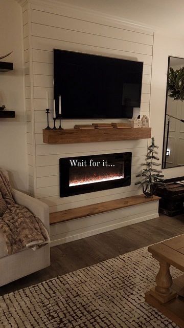 Chimney Ideas Fireplaces, Thick Mantel Fireplace, Faux Fireplace With Shiplap, How To Build A Built In Fireplace, No Mantle Fireplace Ideas, Shiplap Fireplace In Bedroom, Dark Accent Wall With White Fireplace, Gas Fireplace Makeover With Tv, Built In With Faux Fireplace