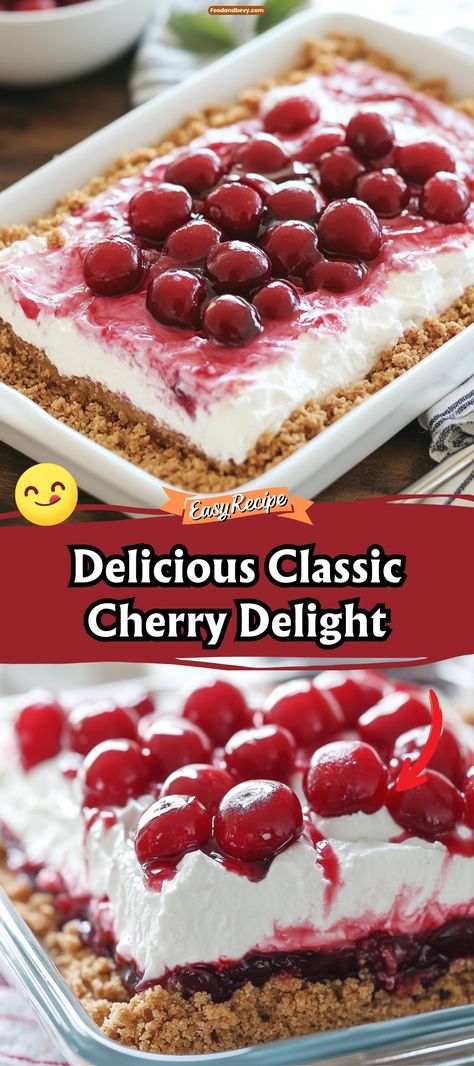 Classic Cherry Delight Cherry Delight Pie, Comstock Cherry Pie Filling Recipes, Cherry Delight Dessert With Pecan Crust, Cherry Pie Dessert Recipes, Cherry Pudding Dessert, Cherry Jubilee Dessert Recipes, Cherry Delight Dessert 9x13, Cherry Graham Cracker Dessert, Cherry Yum Yum Recipe Easy