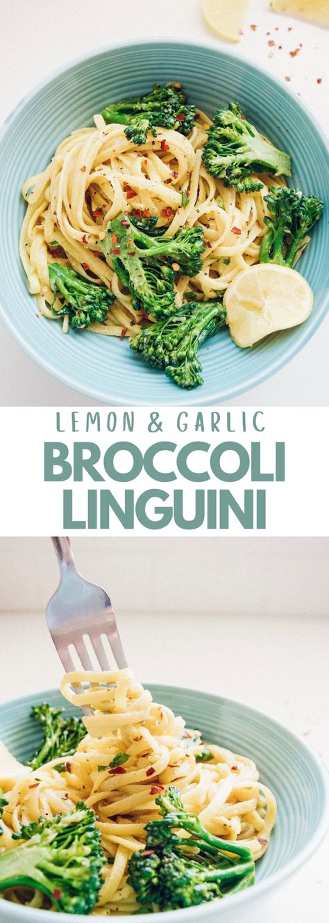 This Cheezy Lemon and Garlic Broccoli Linguini is a weeknight dinner dream! An easy recipe with simple ingredients means minimal effort for you, without sacrificing tastiness. You would never know this creamy, cheezy pasta is vegan, the entire family will love it! #dinneridea #pasta #vegan #dairyfree #linguini #broccoli #recipe #easyrecipe #dinner #cheesypasta Lemon Garlic Broccoli Pasta, Minimal Ingredient Recipes, Lemon Broccoli, Vegan Food Healthy, Pasta Recipes Vegetarian, Lemon Vegan, Linguini Pasta, Roasted Tomato Pasta, Garlic Broccoli