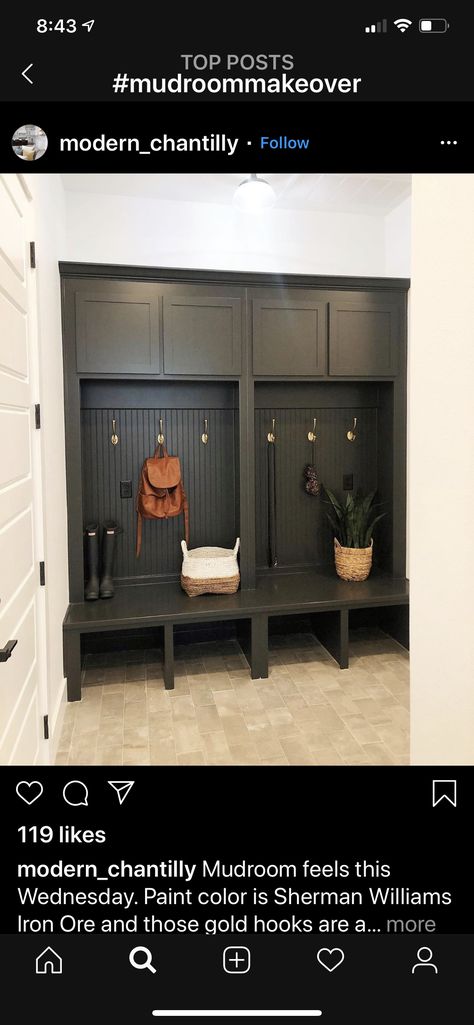 Sherman Williams Iron Ore Paint, Iron Ore Mudroom, Sherman Williams, Mudroom Entryway, House Updates, Iron Ore, Our First Home, Updating House, House Diy