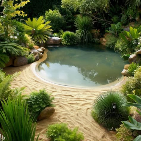 manmade, natural pool in garden, natural, plants, small sand beach, - Bildskapare Sand Swimming Pool, Sand In Backyard, Natural Lake Pool, Sand Around Pool, Small Natural Pool, Bio Design Pool, Natural Plunge Pool, Pool In Garden, Pool With Sand