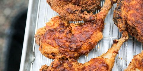 Nashville-Style Hot Fried Pheasant - Andrew Zimmern Hot Fried Chicken, Bacon Vinaigrette, Quail Recipes, Basil Lemonade, Andrew Zimmern, Nashville Hot, Classic Appetizers, Nashville Style, Salad Toppings