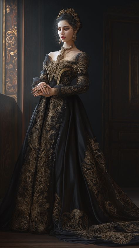 Princess Outfits Royal Medieval, Dark Medieval Dress, Medieval Clothing Women Royal, Medieval Royalty Clothing, Black Gown Fantasy Medieval Dress, Medival Outfits Woman Royal, Medieval Gowns Royals, Luxury Historical Style Medieval Dress, Royal Dresses Queens