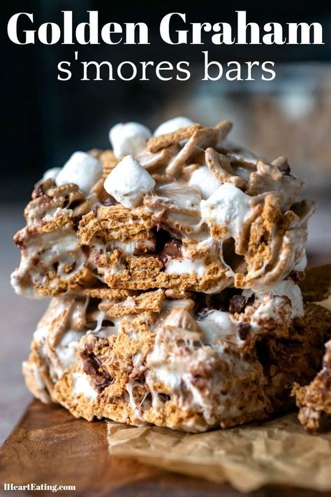 Cereal Dessert Recipes, Golden Graham Treats, Cereal Desserts, Toddler Baking, Cereal Treat Recipes, Smores Bars, Cereal Bars Recipes, Golden Grahams, Smore Recipes