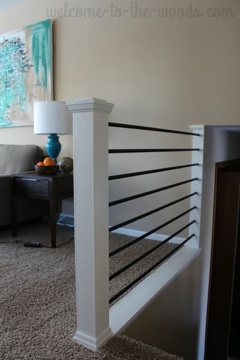 Beautiful modern and sleek stair railing design done by a young mommy blogger. You have to watch the video tutorial to see this amazing transformation! Stairs Makeover Design, Railing Makeover, Stair Railing Makeover, Diy Stair Railing, Modern Stair Railing, Stairs Railing, Stair Ideas, Diy Staircase, Stairs Makeover