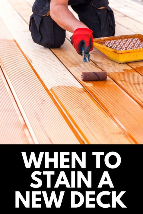 Installing a new deck is an exciting project, but how long should you wait before staining it? Here, we discuss everything you need to know to achieve the deck of your dreams! Read more at OwnTheYard.com! Staining Pressure Treated Wood, Stain Deck, Wood Deck Stain, Treated Wood Deck, Best Deck Stain, Deck Staining, Pressure Treated Deck, Deck Design Ideas, Deck Cleaning