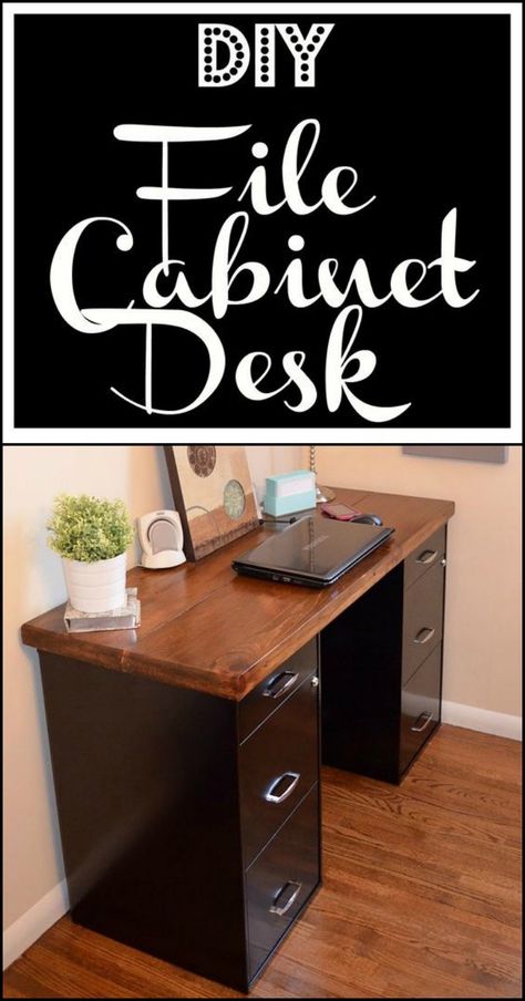 Turn an Old, Boring File Cabinet into a Stylish Desk File Cabinet Table Diy, Filling Cabinet Desk, Filing Cabinet Table, File Cabinet Desk Ideas, Diy Filing Cabinet Desk, Desk With File Cabinets Diy, Wood Desk Diy, Filing Cabinet Desk, Old Filing Cabinet